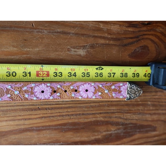 Hand Tooled &‎ Painted Leather Belt AB Swarovski Iridescent Crystals Custom M/L - Picture 10 of 14